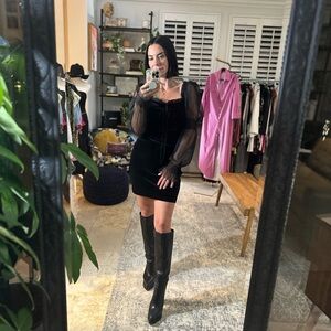 Black Velour Long Sheer Sleeve Mini Dress Size XL (more like M/L)